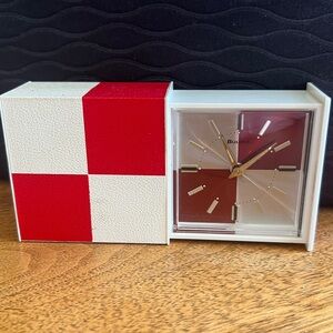 Bulova Red and White Check Slide-Open Travel Clock